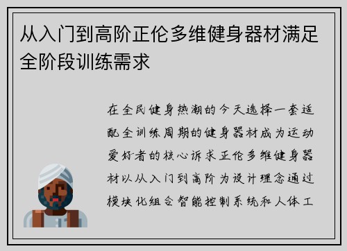 从入门到高阶正伦多维健身器材满足全阶段训练需求