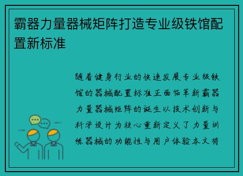 霸器力量器械矩阵打造专业级铁馆配置新标准