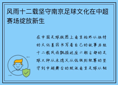 风雨十二载坚守南京足球文化在中超赛场绽放新生
