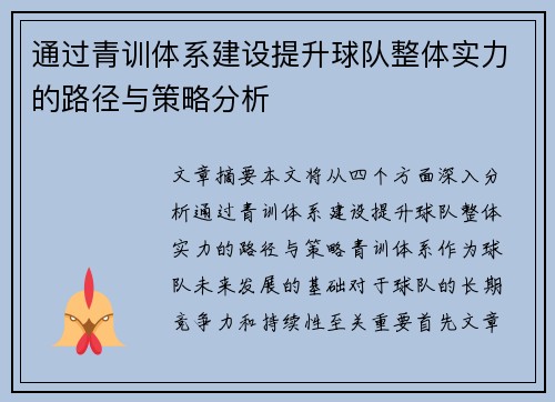 通过青训体系建设提升球队整体实力的路径与策略分析