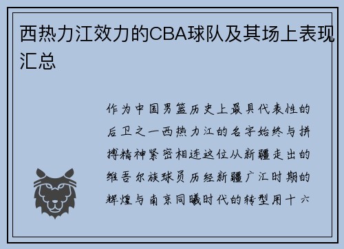 西热力江效力的CBA球队及其场上表现汇总